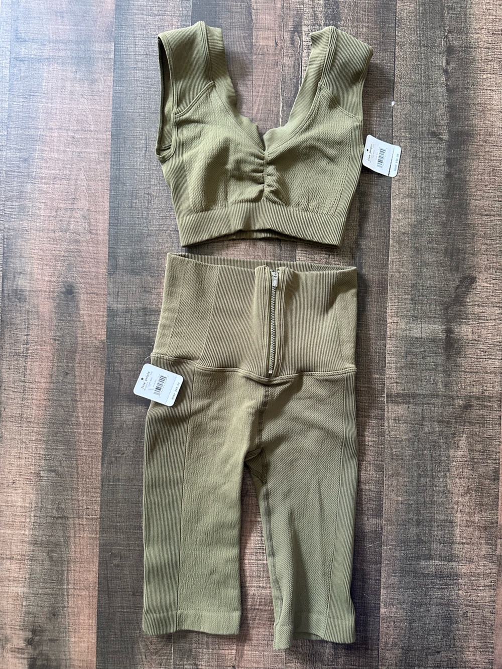 Free People Moss Green Ribbed 2-piece active set